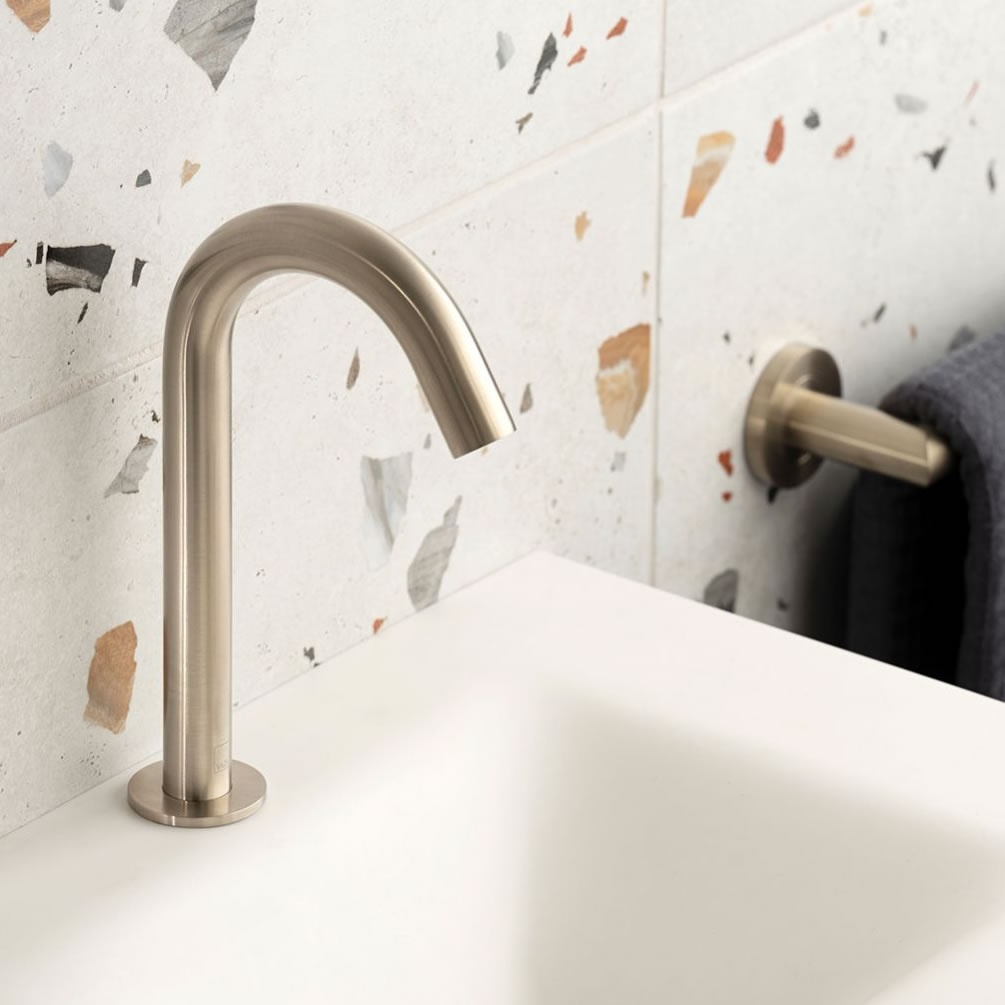 Lifestyle image of Vado Individual Brushed Nickel Deck-Mounted Basin Sensor Spout